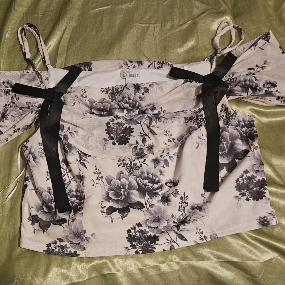 Melrose Pink Floral Off-Shoulder Blouse with Black Ribbon Ties